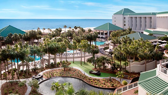 A panoramic view of the resort and pool area from the building's rooftop, showcasing lush greenery and sunlit water.